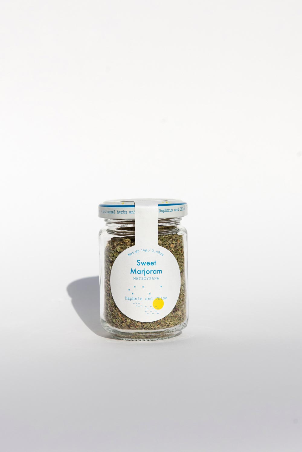 Daphnis and Chloe Sweet Marjoram Glass Jar Front White BG For WEB