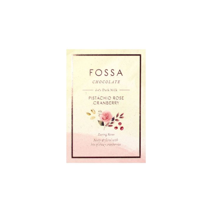 Fossa Pistachio Rose Cranberry 64% Dark Milk Chocolate Front White BG