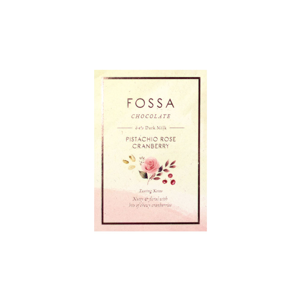 Fossa Pistachio Rose Cranberry 64% Dark Milk Chocolate Front White BG