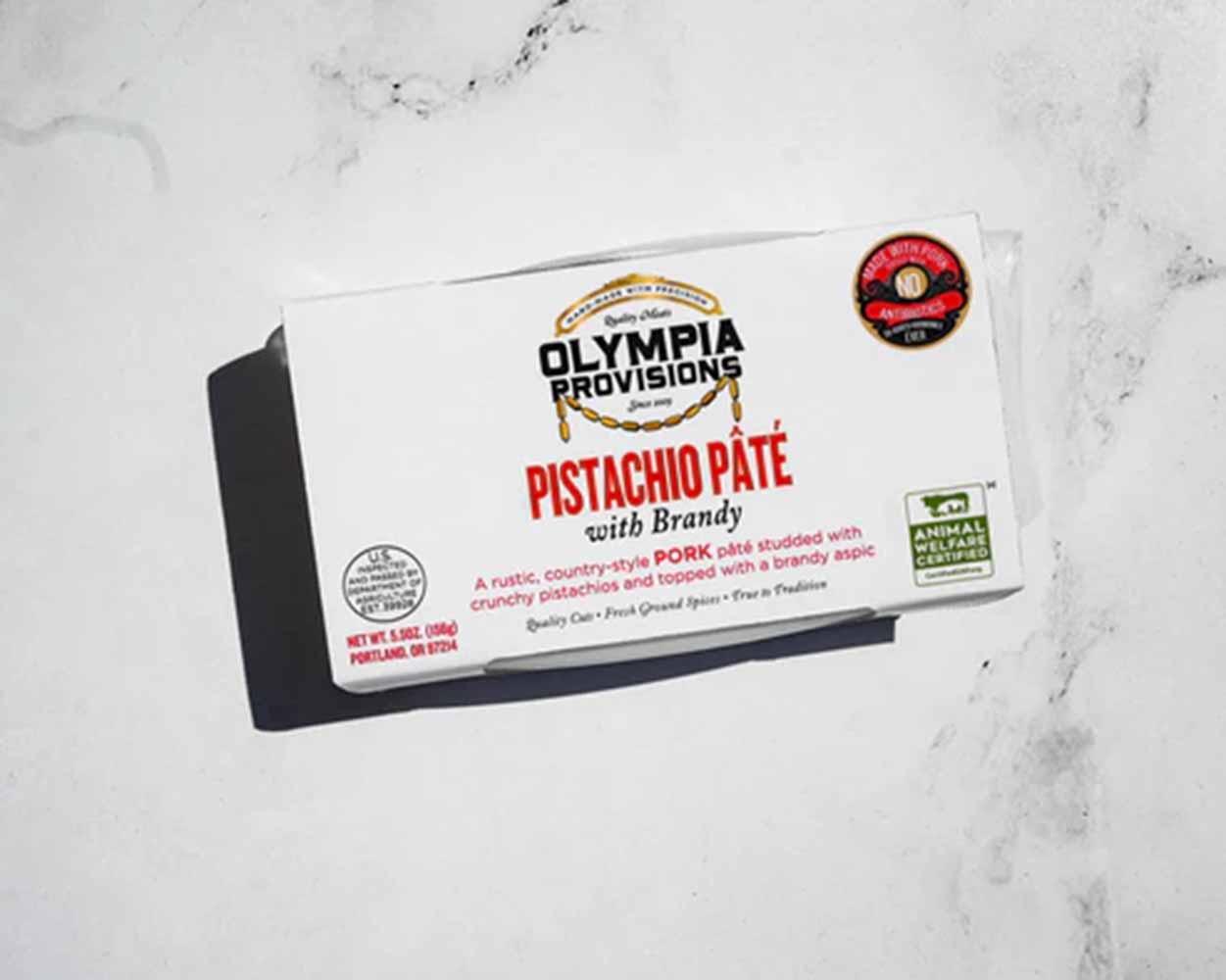 Olympia Provisions Pistachio Pate with Brandy, 5.5oz styled front white BG for WEB