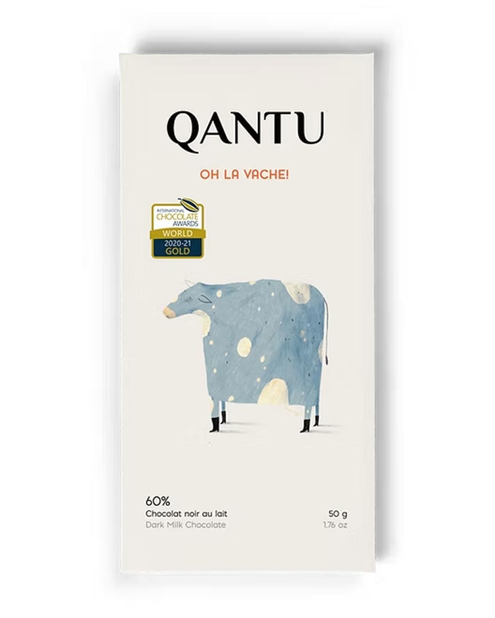 Qantu-Oh-La-Vache!-Dark-Milk-60%-GOLD-Winner-Int’l-Choc-Awards,-50g-front-white-BG-for-WEB