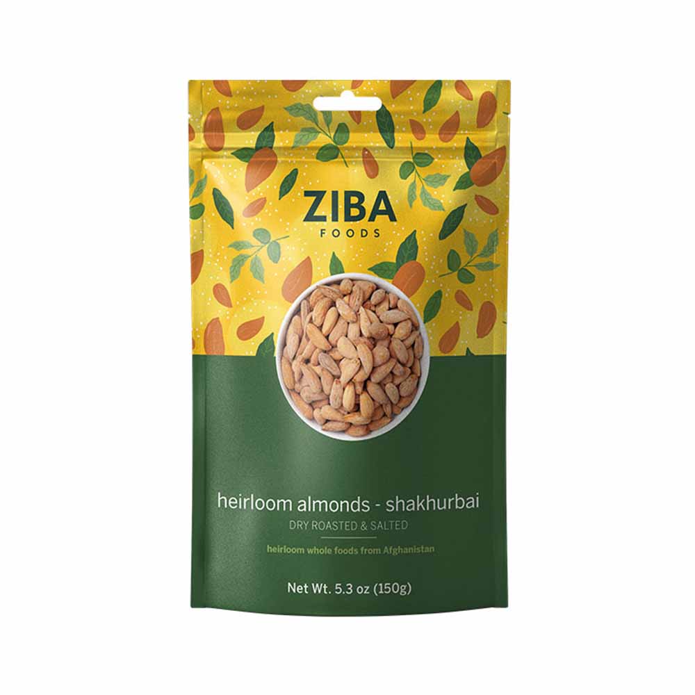 Ziba Heirloom Almonds – Shakhurbai (Dry Roasted & Salted), 150g front white BG for WEB
